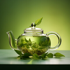 a cup of green tea, fashion, light green background, a galss teapot created with Generative Ai