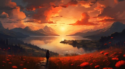 Beautiful landscape background. Cartoon summer sunrise with clouds, field, lake and sunshine. Anime style