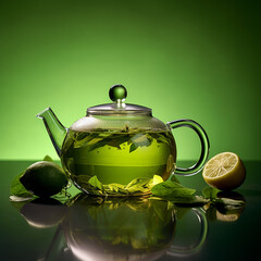 a cup of green tea, fashion, light green background, a galss teapot created with Generative Ai