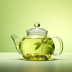 a cup of green tea, fashion, light green background, a galss teapot created with Generative Ai