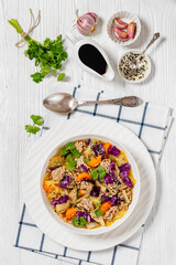 egg roll cabbage soup in bowl, top view