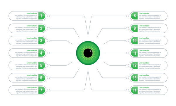 14 steps green eye infographic template. eye health infographic template. health, internet, magazine, education, business, annual report information template