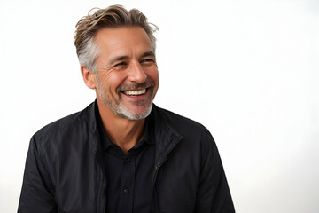 Portrait of a handsome middle-aged man smiling and looking at camera over white background