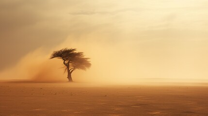A solitary tree in the expansive Sahara desert during a sandstorm