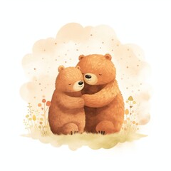 two cute bears hugging each other - childrens illustration on white background