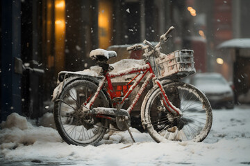 Fototapeta na wymiar winter bike, bicycle standing outdoors, winter nature, Fatbike