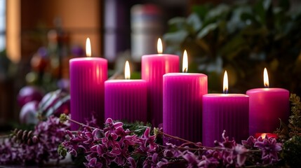 Obraz na płótnie Canvas Candles Burning Indoors During Advent Celebration, Cozy Holiday Atmosphere