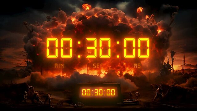 Sci-fi military movie style doomsday event or attack clock countdown display. 30 second timer. Creative animation of a time counter counting down numbers of seconds remaining.