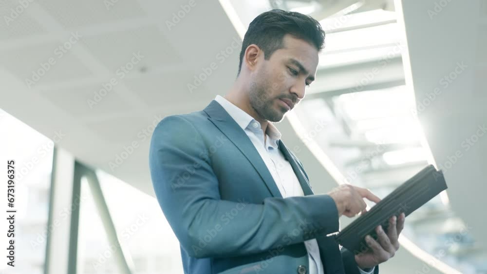 Poster Office, businessman and tablet with lens flare, scroll or browse internet website for research. Online search, social media or email, man with digital app for networking and technology to connect.