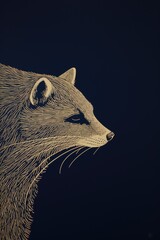 raccoon side profile - woodcut print on dark background