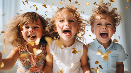group of childs dancing and cheering about confetti shower at a birthday party
