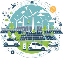 a green city with solar panels and wind turbines