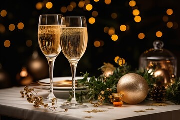 Two glasses of champagne against the background of New Year’s decor