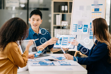  UX developer and ui designer brainstorming about mobile app interface wireframe design with...