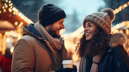 A young cheerful couple having a walk with hot drinks, dressed warm, looking at each other and...