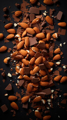 a realistic top shot photography of almonds, caramel, hazelnuts, chocolate shavings created with Generative Ai