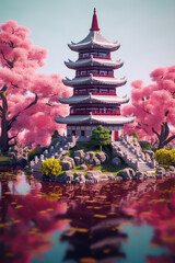 Springtime Serenity: Traditional Chinese Pagoda Amidst Cherry Blossoms