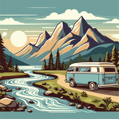a camper van driving down a road next to a river