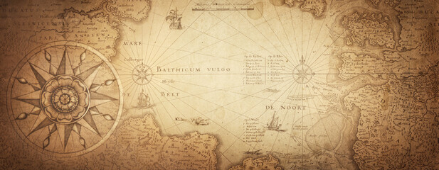 Old map collage background. A concept on the topic of sea voyages, discoveries, pirates, sailors, geography, travel and history.  Pirate, travel and nautical background.