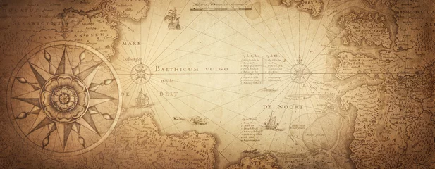 Fotobehang Old map collage background. A concept on the topic of sea voyages, discoveries, pirates, sailors, geography, travel and history.  Pirate, travel and nautical background. © Tryfonov