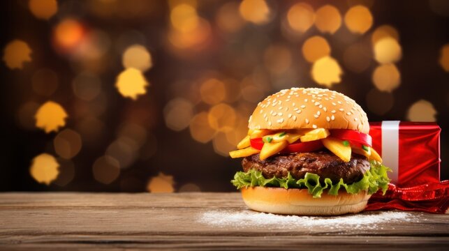American hamburger wearing santa claus hat on festive background