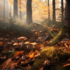 Enchanted Morning: Mushrooms in a Sunlit Forest