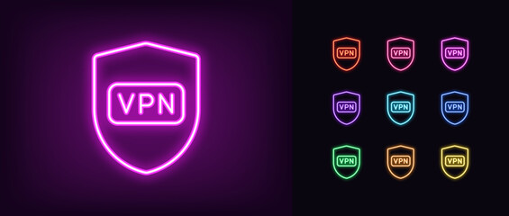 Outline neon VPN icon set. Glowing neon shield sign with VPN button. Safe virtual private network. Secure personal internet access, proxy address. VPN web app, global cyber security. Vector icon set - obrazy, fototapety, plakaty