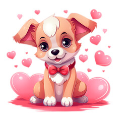 Cute kawaii puppy for decorative design. Valentines Puppy with Hearts