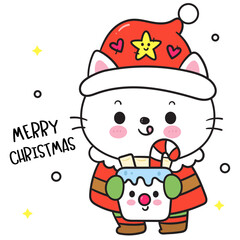 christmas card with cat snowman hot chocolate kawaii cartoon