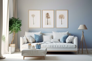 A clean room with natural light and a white frame, showcasing neutral colors with touches of blue. Generative AI