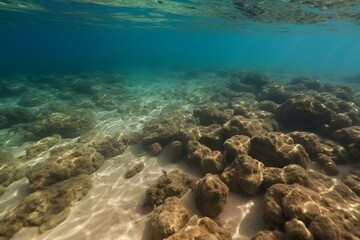 Submerged sand and stones, beautiful sea bottom with rocky outcrops and sand. Generative AI