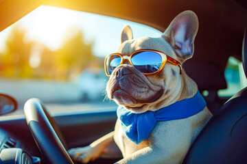 Photograph of a happy French bulldog with sunglasses driving a car and enjoying the weekend getaway - obrazy, fototapety, plakaty