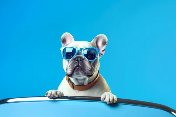 Foto op Plexiglas Cute French bulldog with sunglasses looks out of the window of a car and enjoys the view © EKH-Pictures