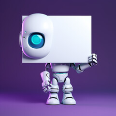 a cool AI character holding a sign in a classic way and the sign is blank, clean and in purple and blue colors created with Generative Ai