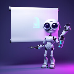 a cool AI character holding a sign in a classic way and the sign is blank, clean and in purple and blue colors created with Generative Ai