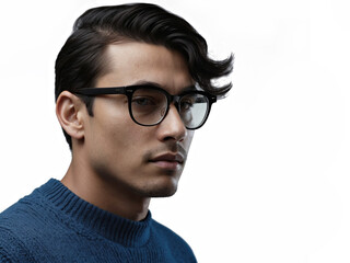 advertising portrait of young brunette man in profile white background with glasses for optician's shop