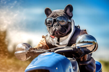 Funny French bulldog with sunglasses rides a speed motorbike and enjoys the weekend trip - obrazy, fototapety, plakaty