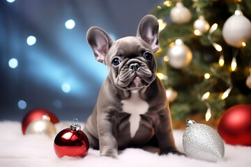 Cute french bulldog sits next to a christmas tree with christmas decoration. Concept: Animals do not belong under the Christmas tree