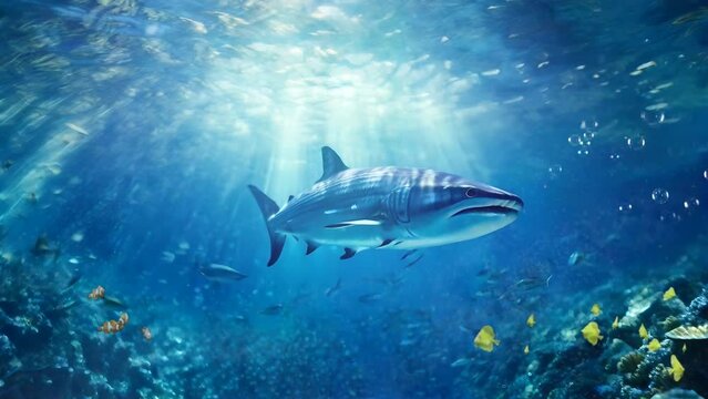 shark in the deep blue sea, seamless looping video animated background
