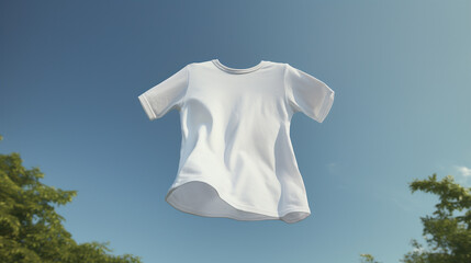 Floating  white t shirt mockup on blue sky.