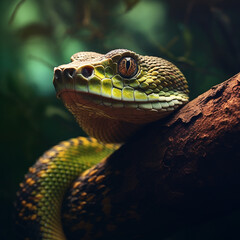 Fototapeta premium pit viper snake wrapped around tree branch vertically with head forward created with Generative Ai