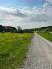 Vertical of a country road in a green field under a cloudy blue sky