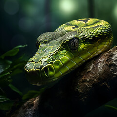 Fototapeta premium pit viper snake wrapped around tree branch vertically with head forward created with Generative Ai