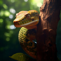 pit viper snake wrapped around tree branch vertically with head forward created with Generative Ai - obrazy, fototapety, plakaty