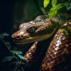 Fototapeta premium pit viper snake wrapped around tree branch vertically with head forward created with Generative Ai