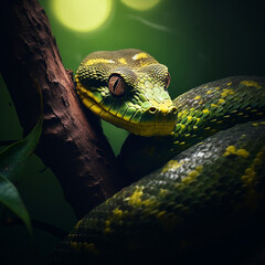 pit viper snake wrapped around tree branch vertically with head forward created with Generative Ai - obrazy, fototapety, plakaty