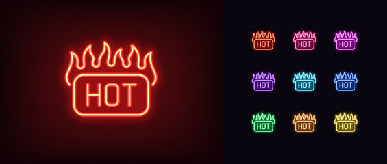 Outline neon Hot icon set. Glowing neon Hot tag button with fire. Burning label with text. Hot price deal, top hit and popular offer. Fiery badge, burning tag for promotion and ad. Vector icon set © Дмитрий Майер