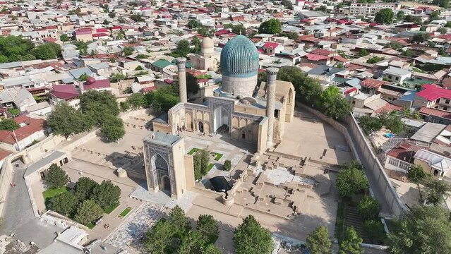 The Guri Amir or Gur Emir mausoleum aerial drone view, Samarkand, Uzbekistan. - May 26, 2023. Sight of Samarkand