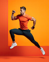 Obraz premium A fit good looking man wearing sports attire poses in a studio on a clean background