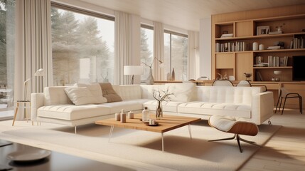 a living room that has a interesting design, in the style of white and amber, minimalist line art, eco-friendly craftmanship, shyper-realistic representation, bauhaus-inspired designs, norwegian natur